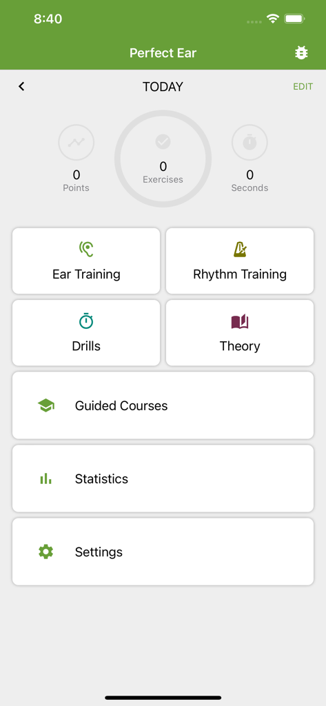 Perfect Ear - Ear Trainer - The main dashboard of Perfect Ear app showing options for ear training rhythm training theory and guided courses