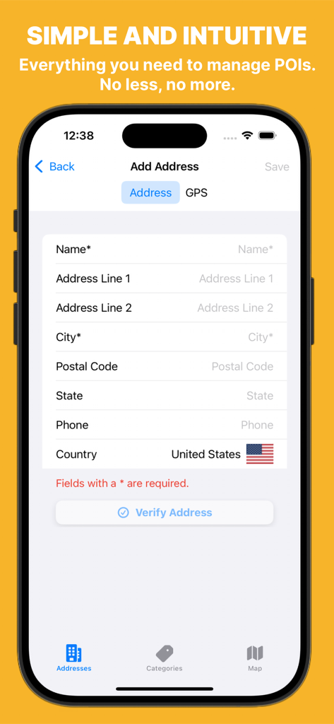 Maps Address Book - Add address screen showing form fields for name and location details