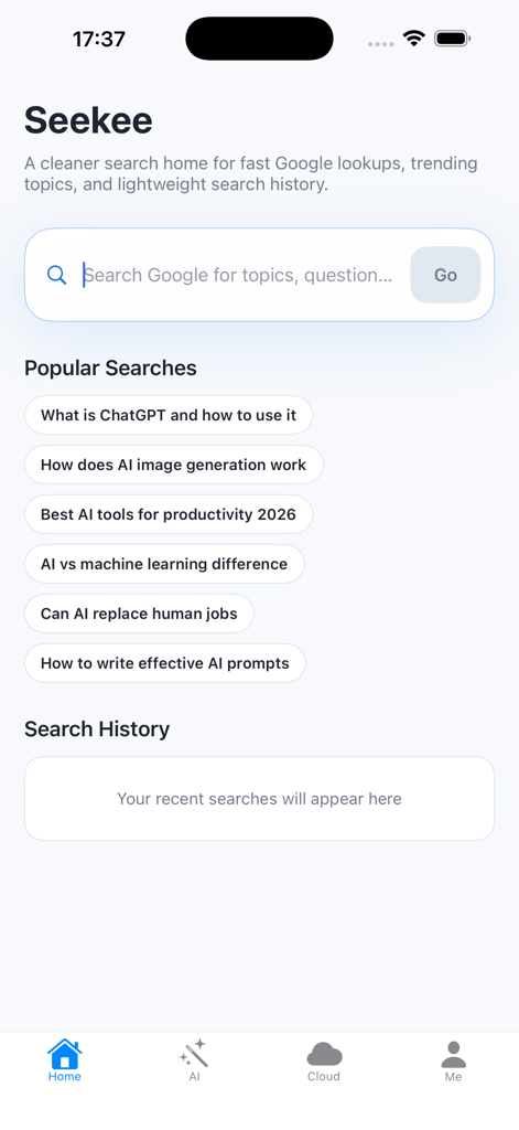 Seekee - Ai Search & Assistant - A tela inicial do aplicativo Seekee com uma barra de pesquisa e uma lista de tópicos populares de pesquisa de IA.