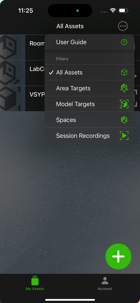 Interfaz de la aplicación Vuforia Creator que muestra el menú de filtro Todos los activos con opciones para Objetivos de Área y Objetivos de Modelo
