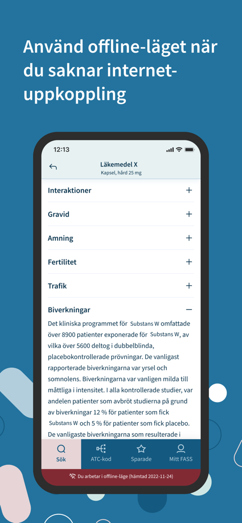 Fass Vård - Fass Vard app showing medication side effects and offline mode notification