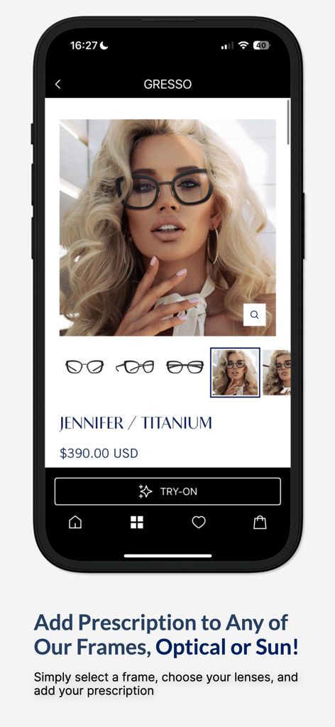 GRESSO | Titanium Eyewear - GRESSO mobile app interface showing a premium titanium eyewear product page with virtual try-on and prescription options