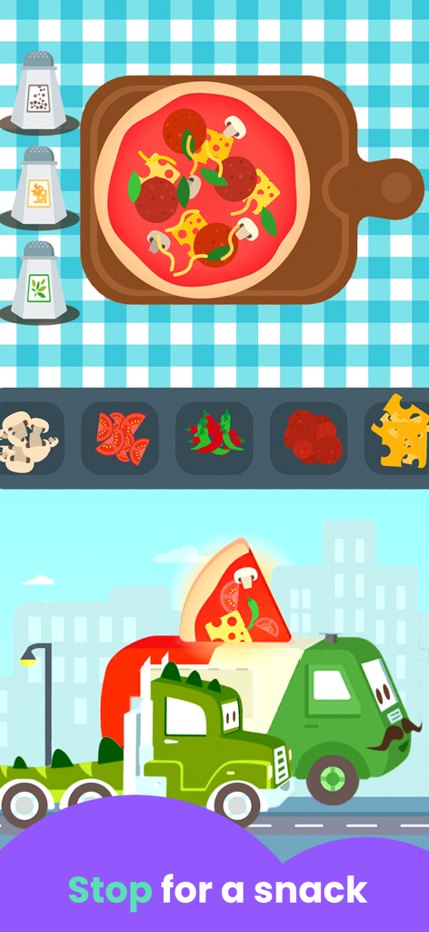 Truck Games: for Kids - A pizza making activity for children featuring cartoon trucks in a city setting