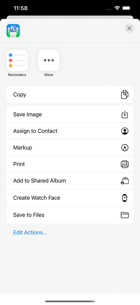Panel Legend 2 - Menú de hoja de compartir de iOS en Panel Legend 2 que muestra opciones de exportación como imprimir, guardar en archivos y marcar.