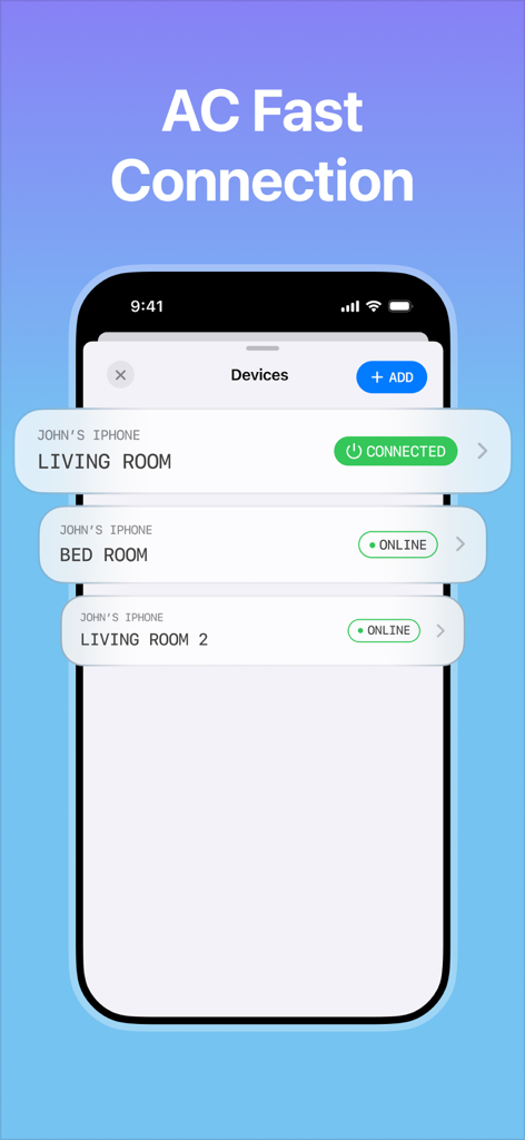 AC Remote control - S9Remote - Pantalla de iPhone que muestra una lista de unidades de aire acondicionado conectadas para diferentes habitaciones dentro de la aplicación S9Remote