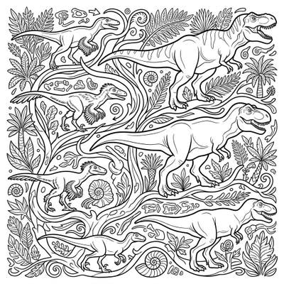 Embark on an exciting journey through time with this intricate T-Rex Evolution coloring page, crafted especially for teens. Discover the fascinating ancestral forms of the mighty Tyrannosaurus Rex, surrounded by rich prehistoric flora and fossil details.