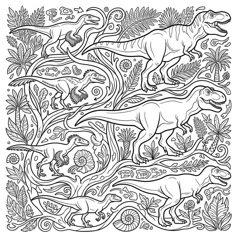 Embark on an exciting journey through time with this intricate T-Rex Evolution coloring page, crafted especially for teens. Discover the fascinating ancestral forms of the mighty Tyrannosaurus Rex, surrounded by rich prehistoric flora and fossil details.
