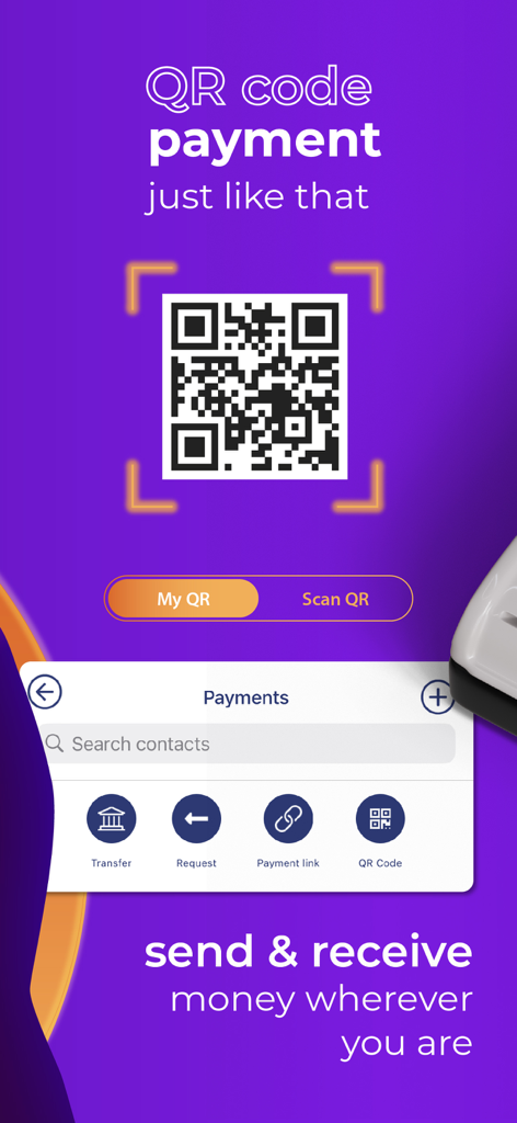 Interfaz de la aplicación MyFin que muestra la pantalla de pago con código QR y opciones para enviar y recibir dinero globalmente.