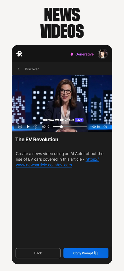 invideo AI: AI Video Generator - Interfaz de la aplicación Invideo AI mostrando un actor de IA presentando un reportaje de noticias sobre vehículos eléctricos basado en una indicación de texto.