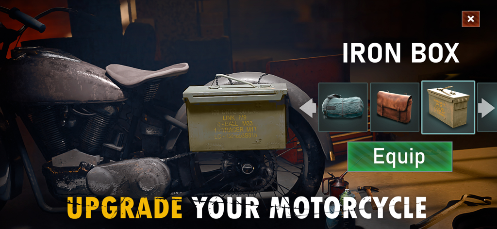 Live or Die 1: Zombie Survival - Un écran de menu montrant une boîte en fer étant équipée sur une moto dans le jeu Live or Die 1 Zombie Survival.