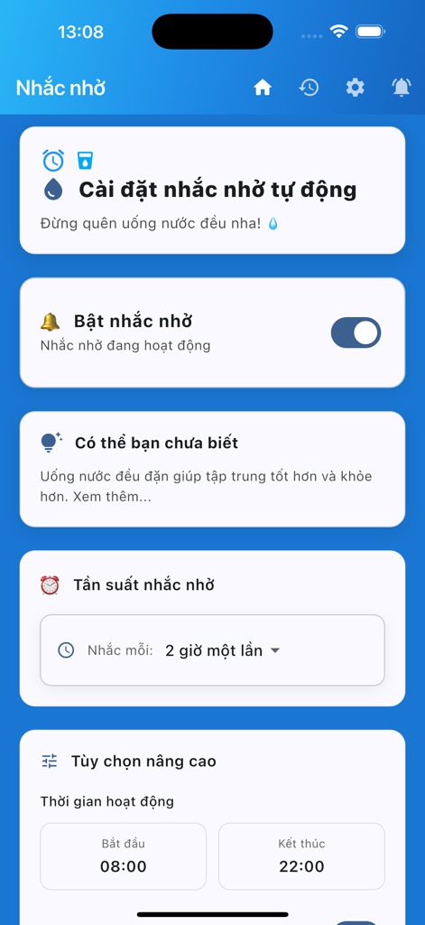 Drink Water Remind - Settings screen of the Drink Water Remind app showing customizable reminder frequency and daily schedule