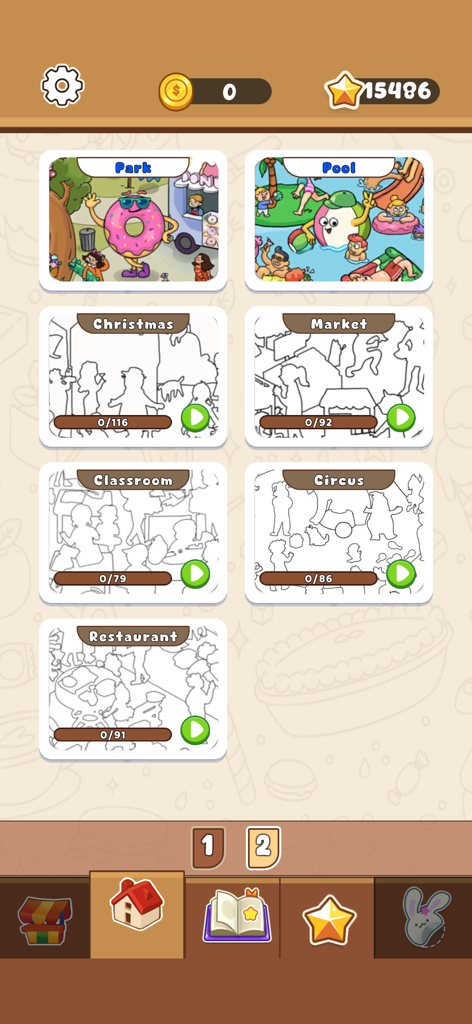 Sticker Puzzle: Colorful Book - 完了およびロックされたパズルを示すステッカーパズルゲームのレベル選択インターフェイス