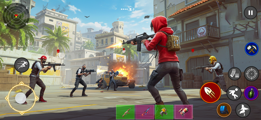 Cover Fire Max Battlegrounds - Jugabilidad de Cover Fire Max Battlegrounds mostrando un intenso tiroteo táctico en un entorno urbano con controles de interfaz de usuario móvil