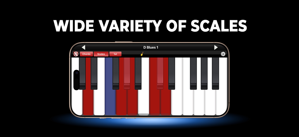 Piano Chords & Scales - Digital piano keyboard showing D Blues scale patterns in the Piano Chords and Scales app