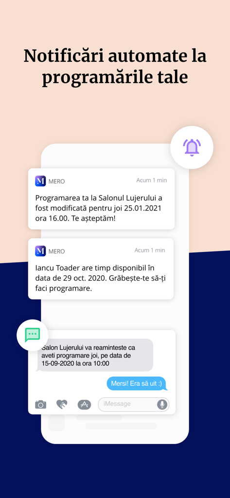 MERO - Programări Online - Smartphone screen showing automatic appointment notifications and reminders from the MERO beauty booking app