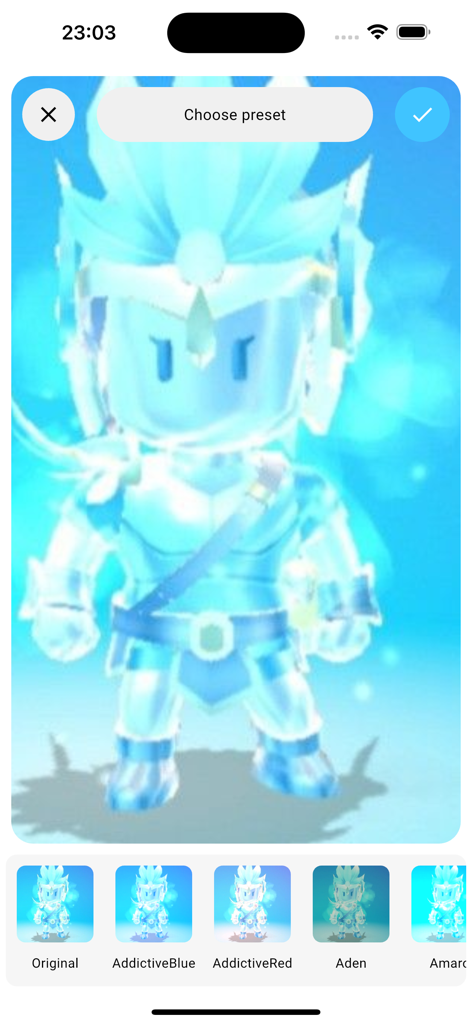 Un'interfaccia di un'app mobile che mostra una skin di personaggio Stumble Guys blu brillante con diverse preset di filtri colore in basso