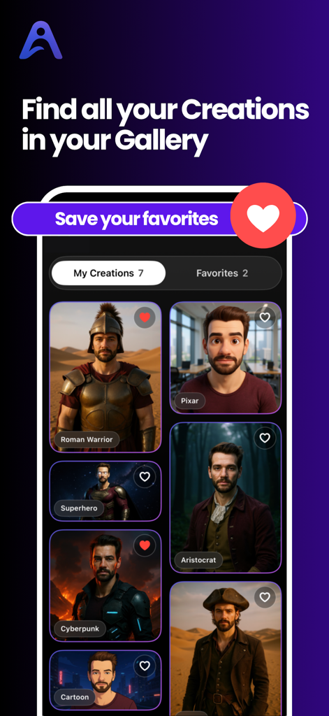 AI Avatar Generator & Animator - A mobile app interface showing a gallery of AI-generated avatars in various styles like Roman Warrior, Pixar, and Cyberpunk.