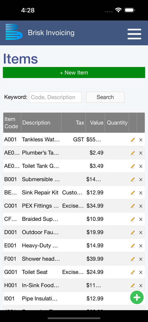 Brisk Invoicing - Inventory management screen in the Brisk Invoicing app showing a list of product codes and prices