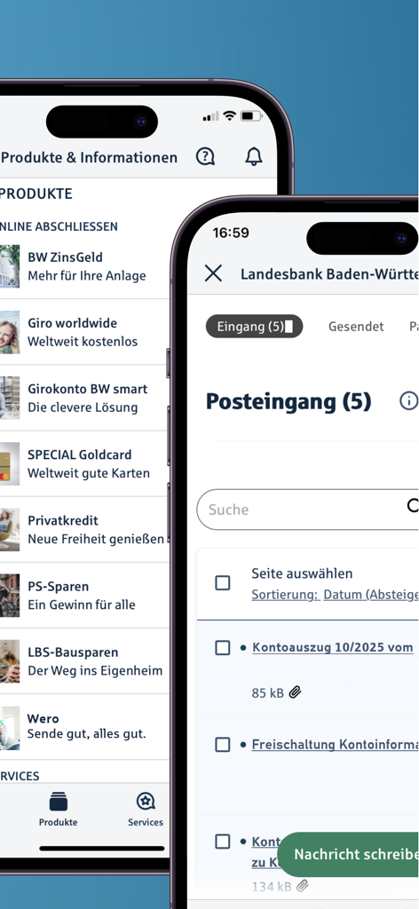 Dois iPhones exibindo o aplicativo BW-Bank mostrando uma lista de produtos financeiros e uma caixa de entrada digital segura para extratos de conta
