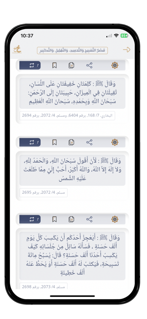 The Holy Quran: Audio and Text - Smartphone display showing a list of Hadiths in Arabic with bookmark and share options within the Holy Quran app.