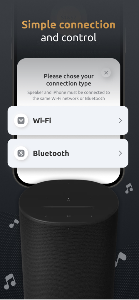 Oberfläche der S1, S2 Lautsprecher-Controller-App, die WLAN- und Bluetooth-Verbindungsoptionen anzeigt