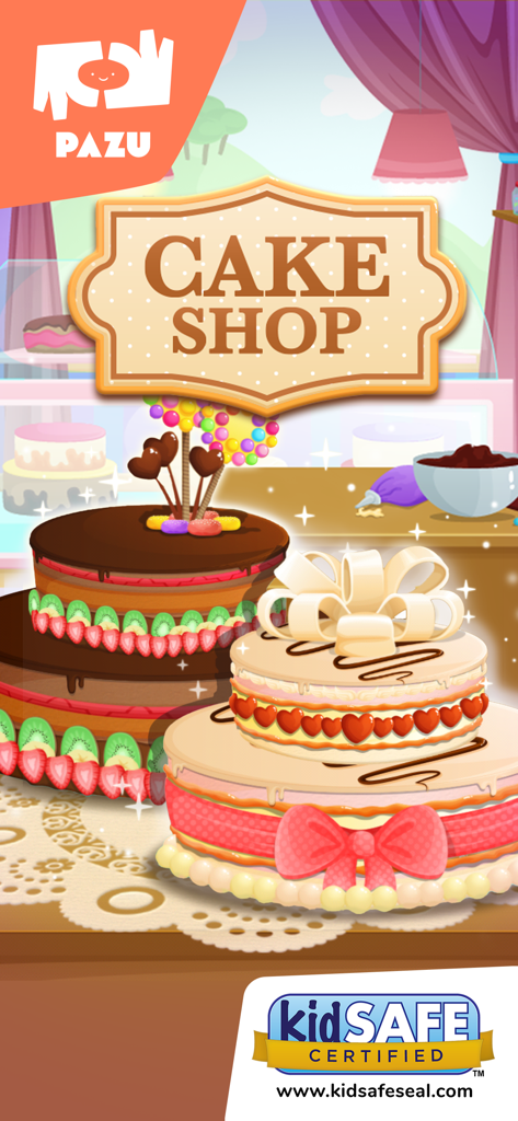 Cake maker Cooking games - Promotional graphic for Cake Maker Cooking Games showing colorful decorated cakes and the kidSAFE seal