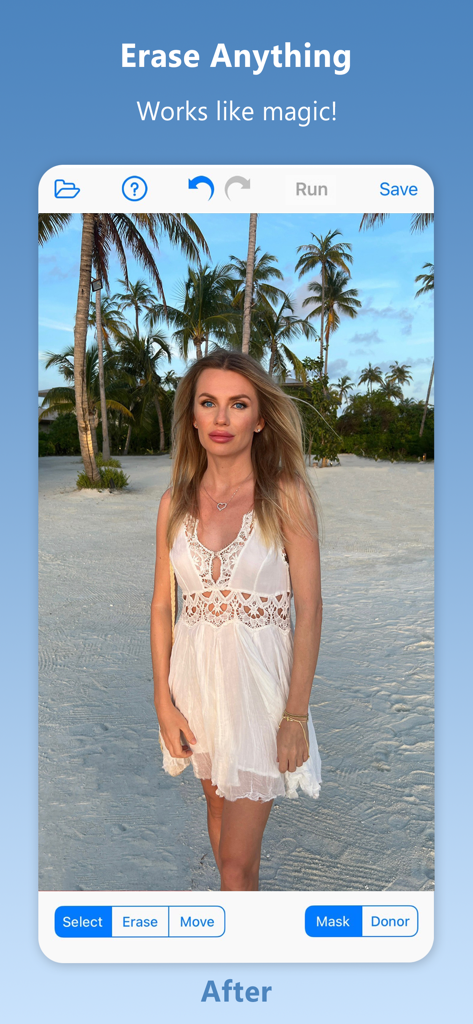 Inpaint app interface displaying a beach photo after removing unwanted objects