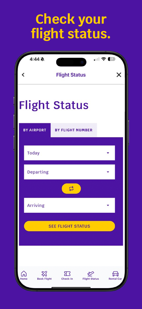 Avelo - Avelo app screen showing flight status search by airport or flight number