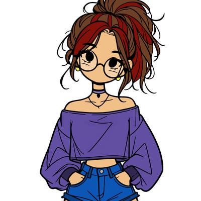 girl with a messy ponytail glasses a baggy crop top and jean shorts