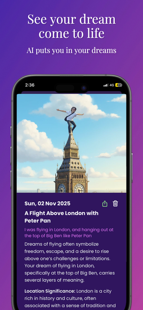 Dream Interpreter AI - Dream Interpreter AI app screen showing an AI visualization and psychological analysis of a dream about flying over London