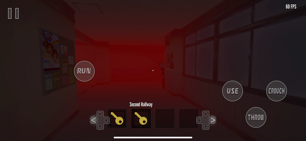 Fragmented Fear - Gameplay screenshot of Fragmented Fear showing a dark school hallway filled with red mist and on-screen controls
