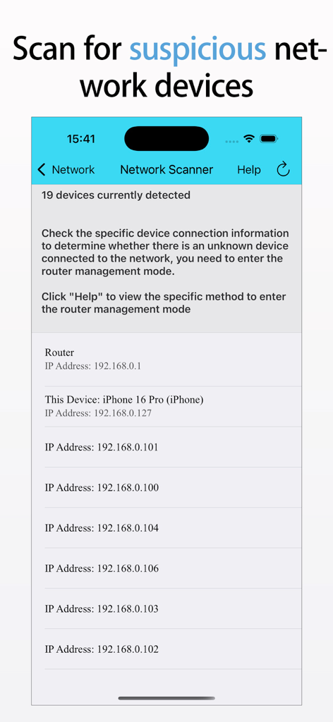 SecurityX- AD Blocker,Privacy+ - SecurityX network scanner interface showing a list of detected devices and their IP addresses