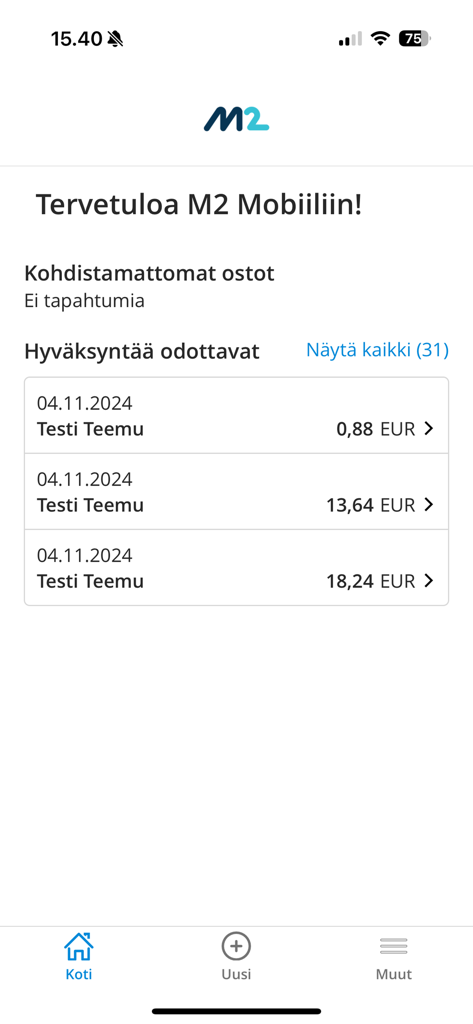 Visma M2 mobile app interface showing a list of pending business expense approvals with names and amounts
