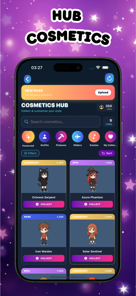 Avatar World Gacha Life Maker - The Cosmetics Hub interface in Avatar World Gacha Life Maker showing a collection of legendary and epic character skins.