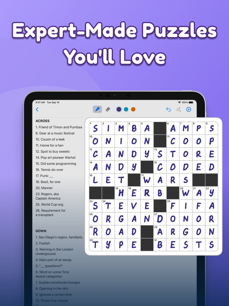 Crossword Puzzles Daily - A crossword puzzle grid on an iPad featuring handwritten letters and a list of clues.