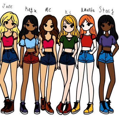 a group of girls wearing crop tops and shorts