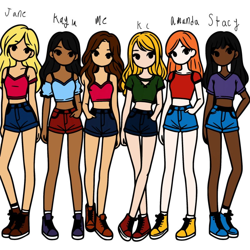 a group of girls wearing crop tops and shorts