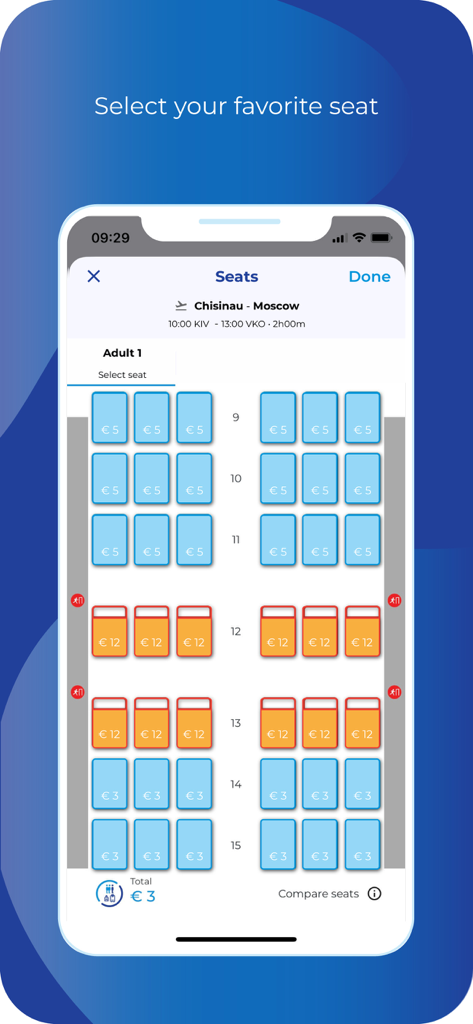 FLYONE - FLYONE app seat selection screen showing an airplane seat map with prices for a flight from Chisinau to Moscow
