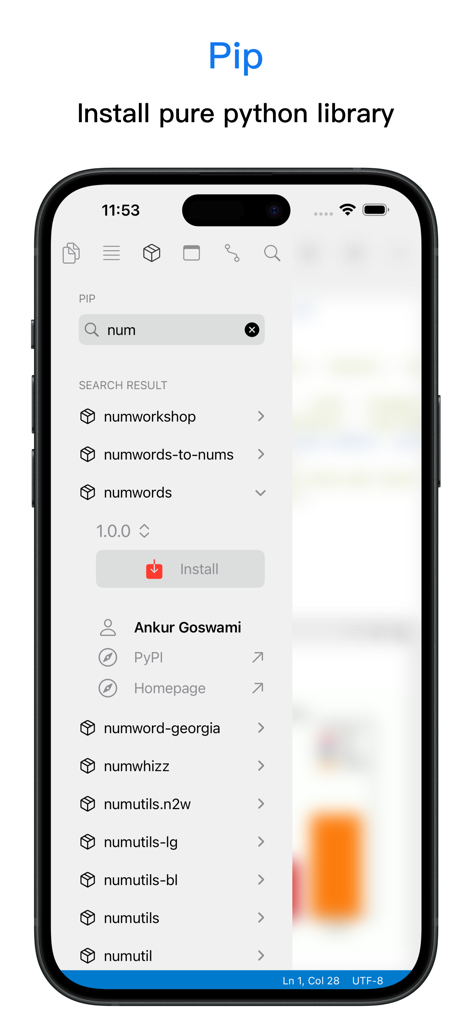 Python3IDE - Python3IDE mobile app interface showing the Pip package manager for searching and installing Python libraries