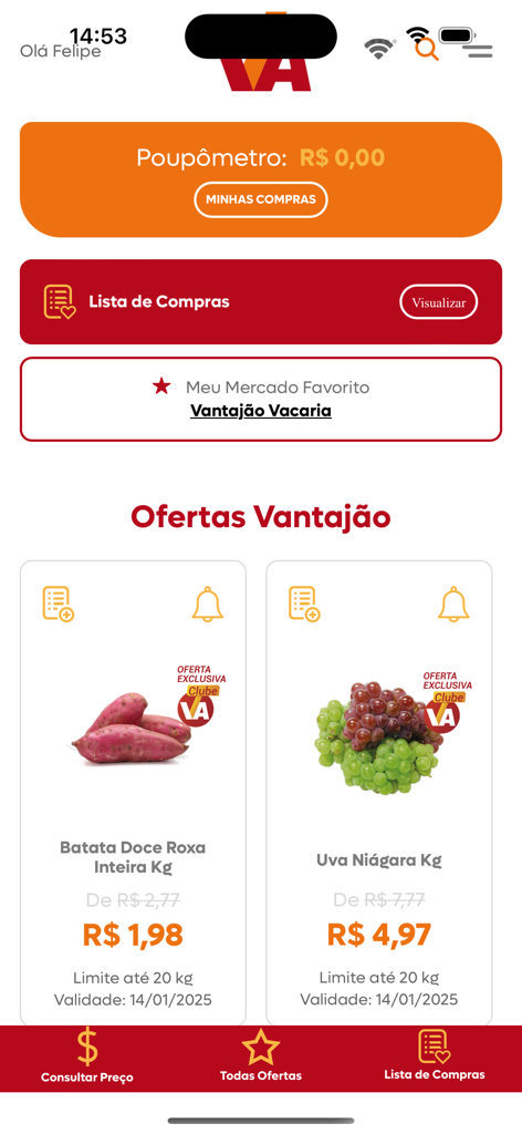 Vantajão Atacado - Mobile app interface of Vantajao Atacado showing grocery discounts and a savings meter.