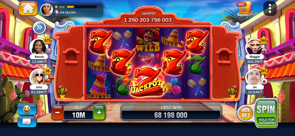 Billionaire Casino Slots 777 - 멕시칸 피에스타 테마의 슬롯 머신과 소셜 플레이어 아바타, 대형 잭팟 당첨 화면을 보여주는 빌리어네어 카지노 슬롯 777 게임 플레이.