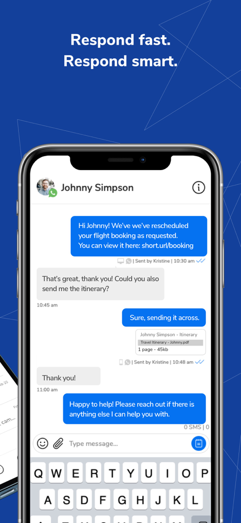 SMS-Magic - Aplicación móvil SMS-Magic que muestra una interfaz de chat profesional con mensajería integrada para empresas y sincronización de CRM.