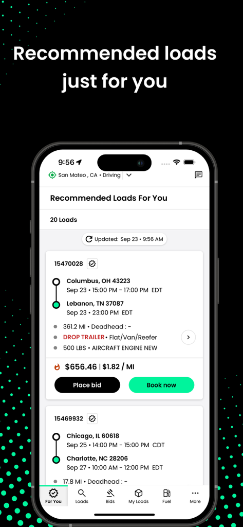 RXO Drive: Free Load Board - RXO Drive app display showing a list of recommended freight loads with route details and pricing for truck drivers