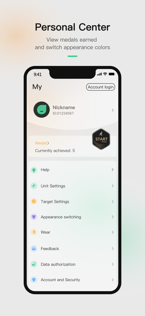 InfoWear - InfoWear app Personal Center screen showing user profile settings and earned medals