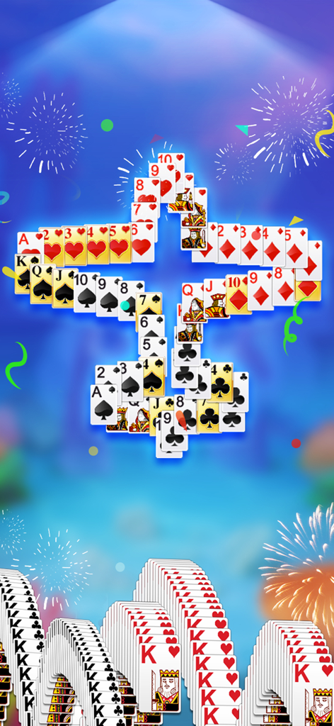 Solitaire Spider Fish - Pantalla de victoria del juego Solitario Spider Fish con cartas formando la silueta de un pez y fuegos artificiales