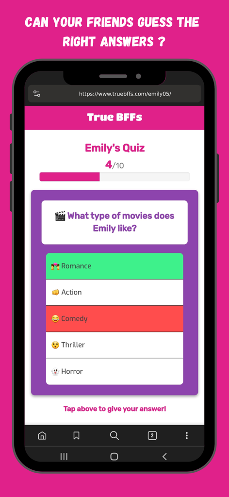 TrueBFF- BFF Test - TrueBFF app interface showing a friendship quiz question about movie genres