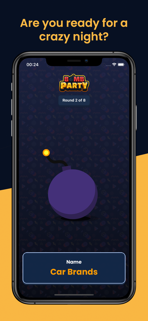Bomb Party: Who's Most Likely - Pantalla del teléfono móvil del juego Bomb Party que muestra una bomba de tictac y la tarea de nombrar marcas de automóviles