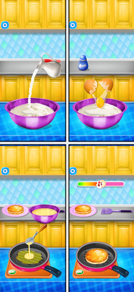 Jugabilidad paso a paso que muestra cómo mezclar ingredientes y freír una tortita en un juego de simulación de cocina.