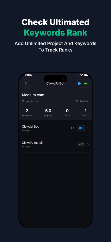 A mobile interface of the SERP SEO app showing keyword ranking positions and performance metrics for a specific project.
