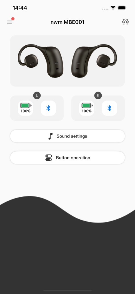 nwm Connect - Panel de la aplicación nwm Connect que muestra los niveles de batería y la configuración de los auriculares de oído abierto nwm MBE001